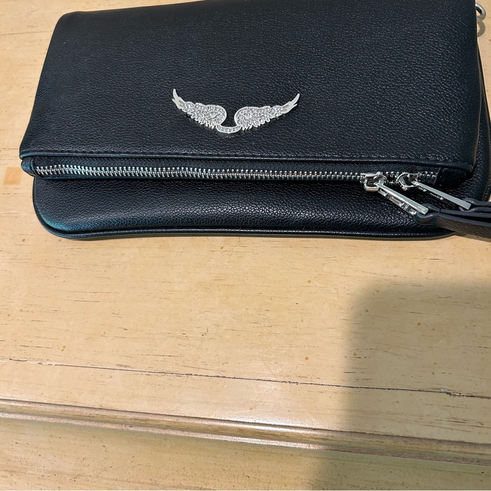 Zadig & Voltaire Black Leather Shoulder Bag with Silver Wing Emblem - Picture 6 of 15